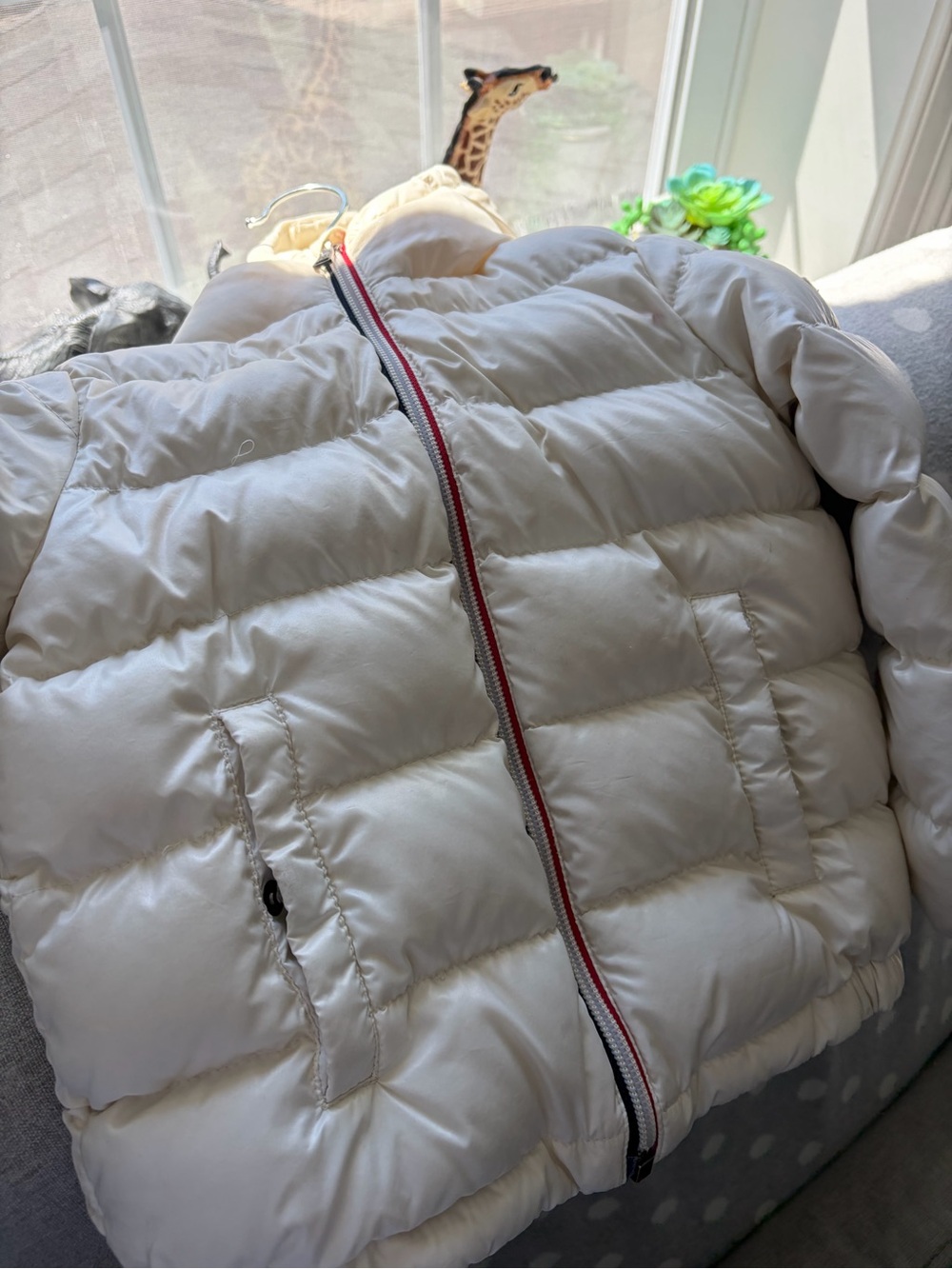 Moncler Cream Puffer Jacket with Red-Trim Zipper
